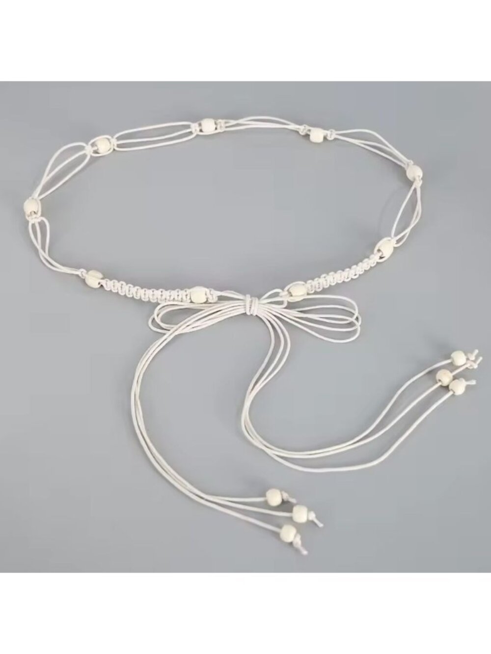 White/Beige Braided Rope Wrap-Around Belt With Wooden Beads